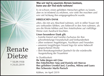 Traueranzeige von Renate Dietze von Mitteldeutsche Zeitung
