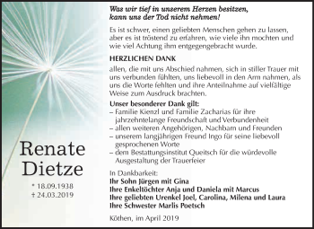 Traueranzeige von Renate Dietze von WVG - Wochenspiegel Dessau / Köthen