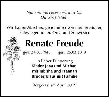 Traueranzeige von Renate Freude von Mitteldeutsche Zeitung