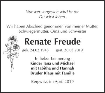Traueranzeige von Renate Freude von WVG - Wochenspiegel Bitterfeld