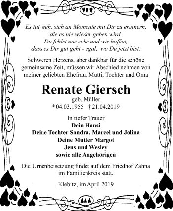 Traueranzeige von Renate Giersch von Mitteldeutsche Zeitung