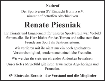 Traueranzeige von Renate Piesniak von Super Sonntag Zeitz