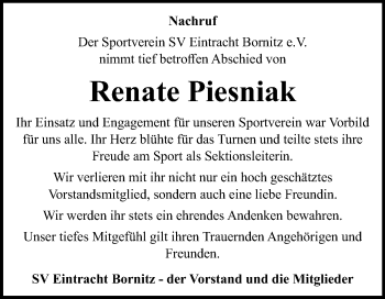 Traueranzeige von Renate Piesniak von Mitteldeutsche Zeitung Zeitz