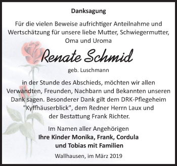 Traueranzeige von Renate Schmid von Mitteldeutsche Zeitung Sangerhausen