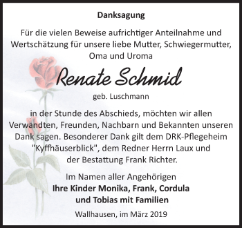 Traueranzeige von Renate Schmid von Super Sonntag SGH Mansf. Land
