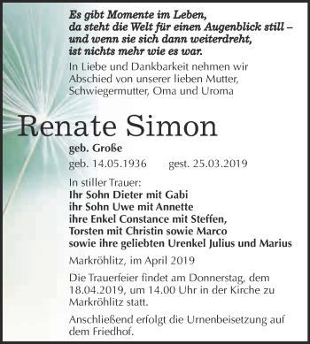 Traueranzeige von Renate Simon von WVG - Wochenspiegel NMB / WSF / ZTZ