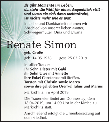 Traueranzeige von Renate Simon von Mitteldeutsche Zeitung Weißenfels
