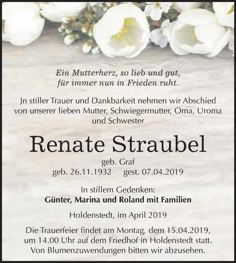  Traueranzeige für Renate Straubel vom 13.04.2019 aus Super Sonntag SGH Mansf. Land