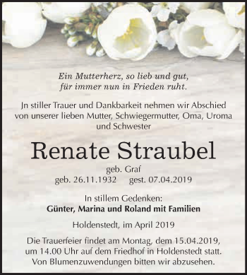Traueranzeige von Renate Straubel von Super Sonntag SGH Mansf. Land