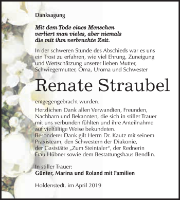 Traueranzeige von Renate Straubel von Super Sonntag SGH Mansf. Land