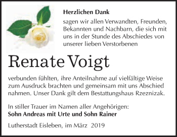 Traueranzeige von Renate Voigt von Wochenspiegel Mansfelder Land