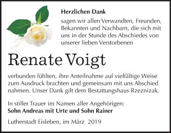 Traueranzeige von Renate Voigt von Mitteldeutsche Zeitung Mansfelder Land