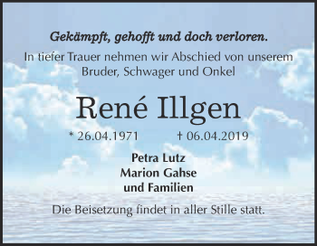 Traueranzeige von Rene Illgen von WVG - Wochenspiegel NMB / WSF / ZTZ
