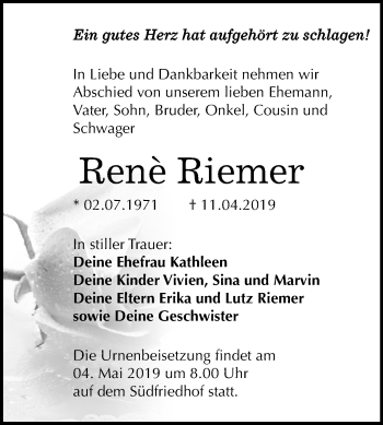 Traueranzeige von Renè Riemer von Mitteldeutsche Zeitung