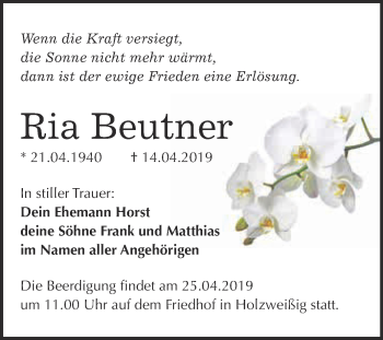 Traueranzeige von Ria Beutner von WVG - Wochenspiegel Bitterfeld