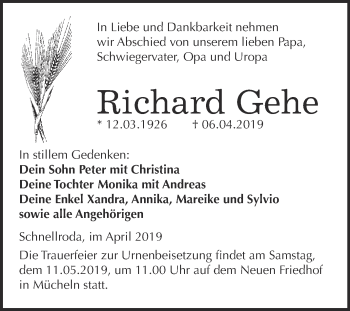 Traueranzeige von Richard Gehe von Super Sonntag Merseburg