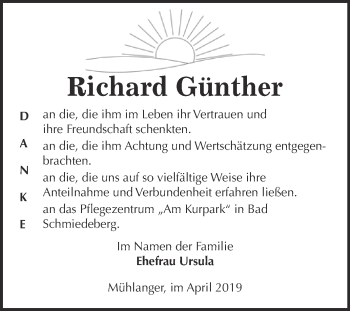 Traueranzeige von Richard Günther von WVG - Wochenspiegel Wittenberg