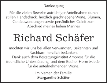 Traueranzeige von Richard Schäfer von WVG - Wochenspiegel Dessau / Köthen
