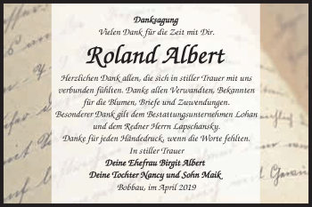 Traueranzeige von Roland Albert von WVG - Wochenspiegel Bitterfeld