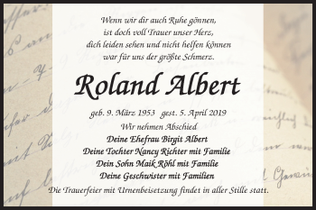 Traueranzeige von Roland Albert von Mitteldeutsche Zeitung Bitterfeld