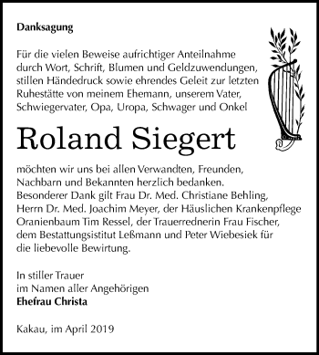 Traueranzeige von Roland Siegert von Mitteldeutsche Zeitung Wittenberg