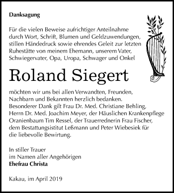 Traueranzeige von Roland Siegert von WVG - Wochenspiegel Wittenberg