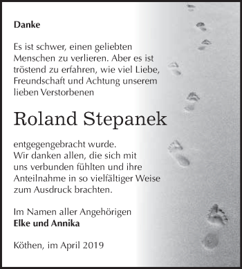 Traueranzeige von Roland Stepanek von WVG - Wochenspiegel Dessau / Köthen