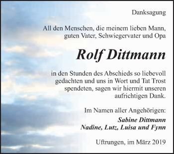 Traueranzeige von Rolf Dittmann von Super Sonntag SGH Mansf. Land