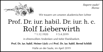 Traueranzeige von Rolf Lieberwirth von Mitteldeutsche Zeitung Halle/Saalkreis