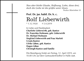 Traueranzeige von Rolf Lieberwirth von Mitteldeutsche Zeitung Halle/Saalkreis