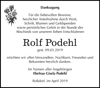 Traueranzeige von Rolf Podehl von WVG - Wochenspiegel Bitterfeld