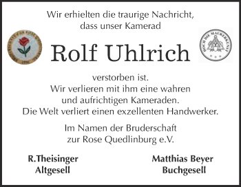 Traueranzeige von Rolf Walter Uhlrich von Super Sonntag Aschersleben