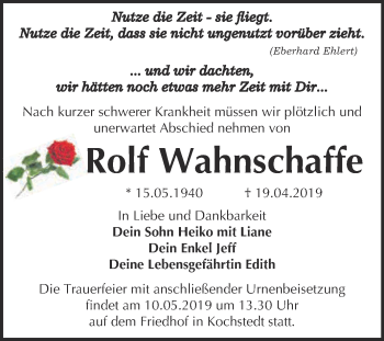Traueranzeige von Rolf Wahnschaffe von WVG - Wochenspiegel Dessau / Köthen