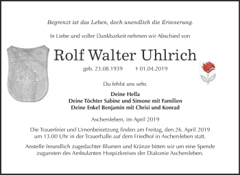 Traueranzeige von Rolf Walter Uhlrich von Super Sonntag Aschersleben