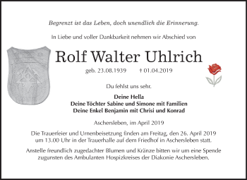 Traueranzeige von Rolf Walter Uhlrich von Mitteldeutsche Zeitung Aschersleben