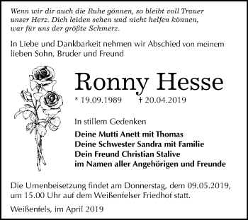 Traueranzeige von Ronny Hesse von Mitteldeutsche Zeitung