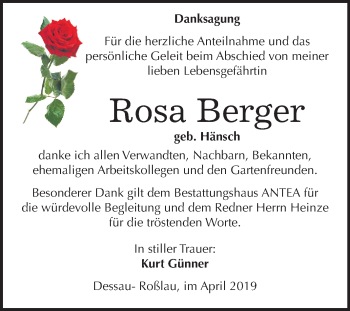 Traueranzeige von Rosa Berger von Mitteldeutsche Zeitung Dessau-Roßlau