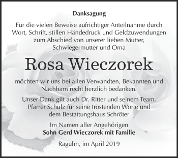 Traueranzeige von Rosa Wieczorek von WVG - Wochenspiegel Bitterfeld