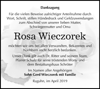 Traueranzeige von Rosa Wieczorek von Mitteldeutsche Zeitung Bitterfeld