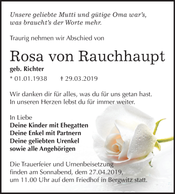 Traueranzeige von Rosa von Rauchhaupt von Mitteldeutsche Zeitung