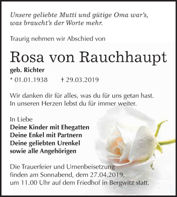 Traueranzeige von Rosa von Rauchhaupt von WVG - Wochenspiegel Wittenberg