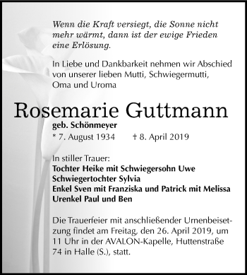 Traueranzeige von Rosemarie Guttmann von Mitteldeutsche Zeitung Halle/Saalkreis