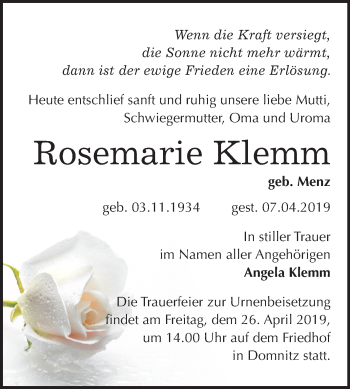 Traueranzeige von Rosemarie Klemm von Mitteldeutsche Zeitung Halle/Saalkreis
