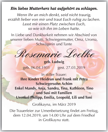 Traueranzeige von Rosemarie Loelke von Mitteldeutsche Zeitung Merseburg/Querfurt