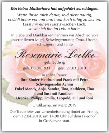 Traueranzeige von Rosemarie Loelke von WVG - Wochenspiegel Merseburg