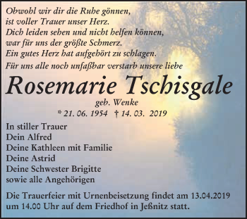 Traueranzeige von Rosemarie Tschisgale von WVG - Wochenspiegel Bitterfeld