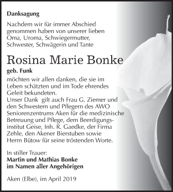 Traueranzeige von Rosina Marie Bonke von WVG - Wochenspiegel Dessau / Köthen