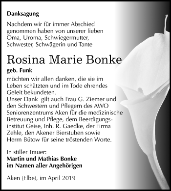 Traueranzeige von Rosina Marie Bonke von Mitteldeutsche Zeitung Köthen