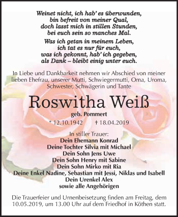 Traueranzeige von Roswitha Weiß von WVG - Wochenspiegel Dessau / Köthen