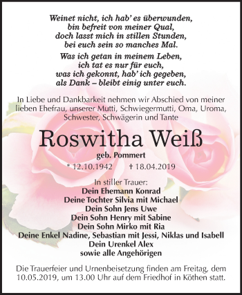 Traueranzeige von Roswitha Weiß von Mitteldeutsche Zeitung Köthen